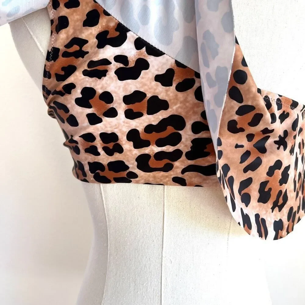 Cheetah Leopard Print One Shoulder Ruffled Bikini Swimsuit Top Size M